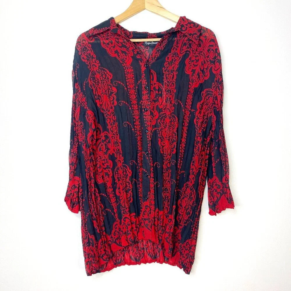 NWT Maggie Barnes Red Black Crinkle Sheer Crepe Button Up Top 0X 14/16